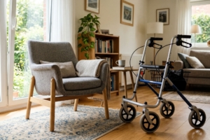 Rollator steht neben Sessel in Wohnzimmer