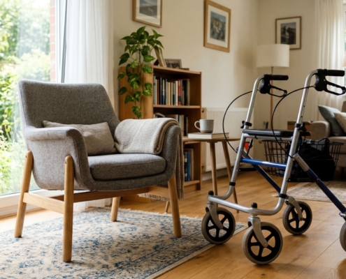 Rollator steht neben Sessel in Wohnzimmer
